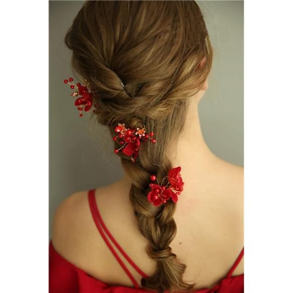 FXmimior Bridal Wedding Red Flower Headpiece Hair Vintage Hair Decoration